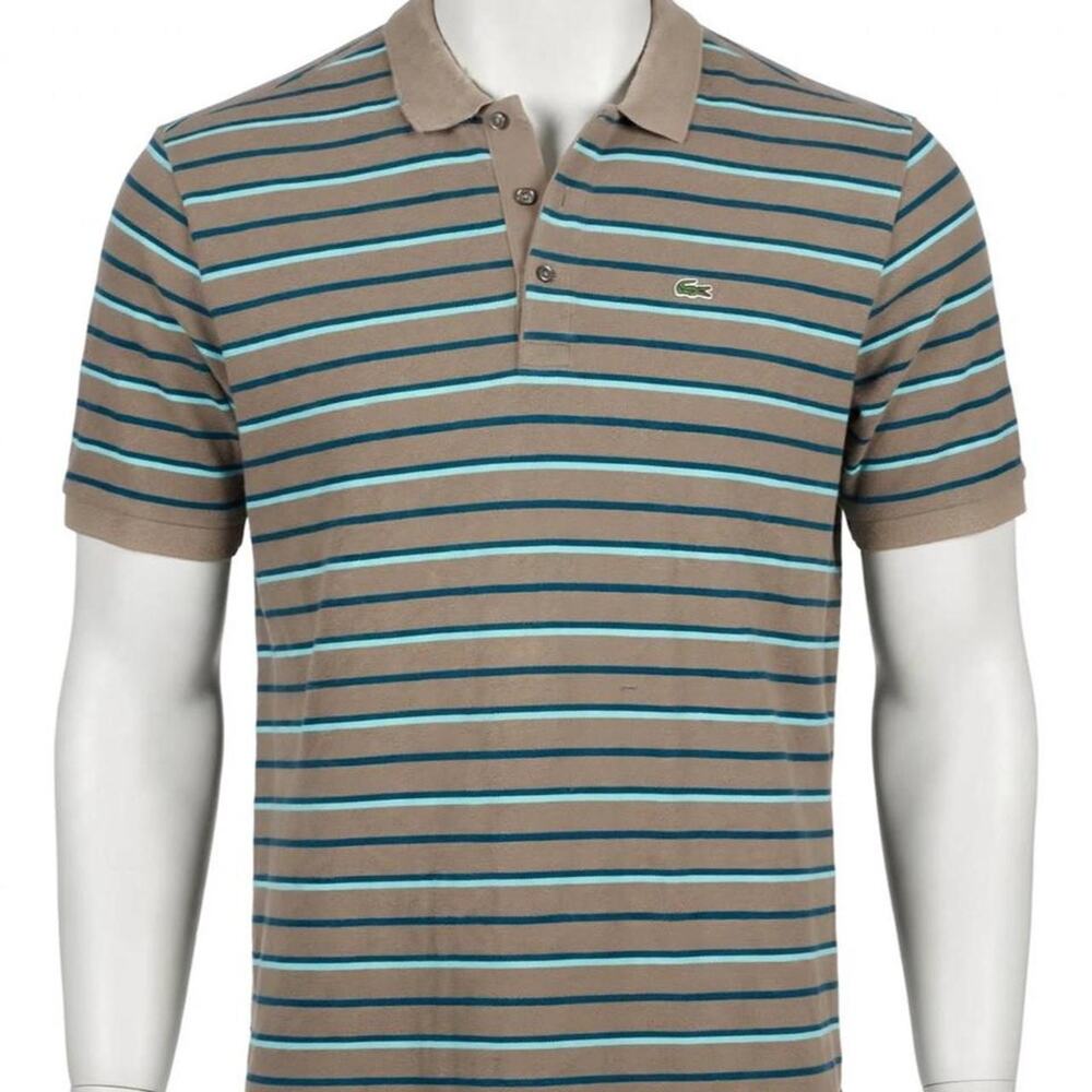 Lacoste Mens Polo Shirt Brown Blue Striped Size: 8 says translates to 3xl